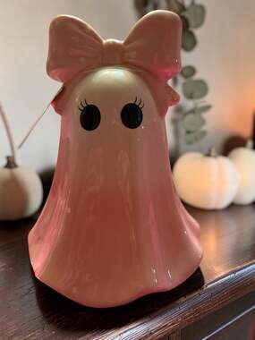 Mystic Blush Pink Ceramic Ghost Figurine with Polka Dot Bow Halloween Decor